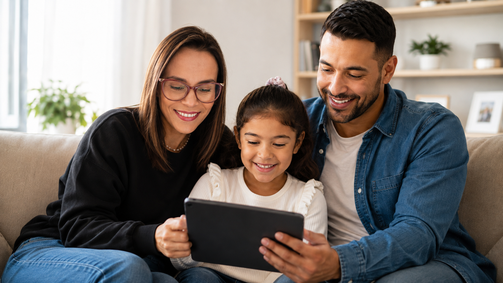 Familia usando una tableta en casa